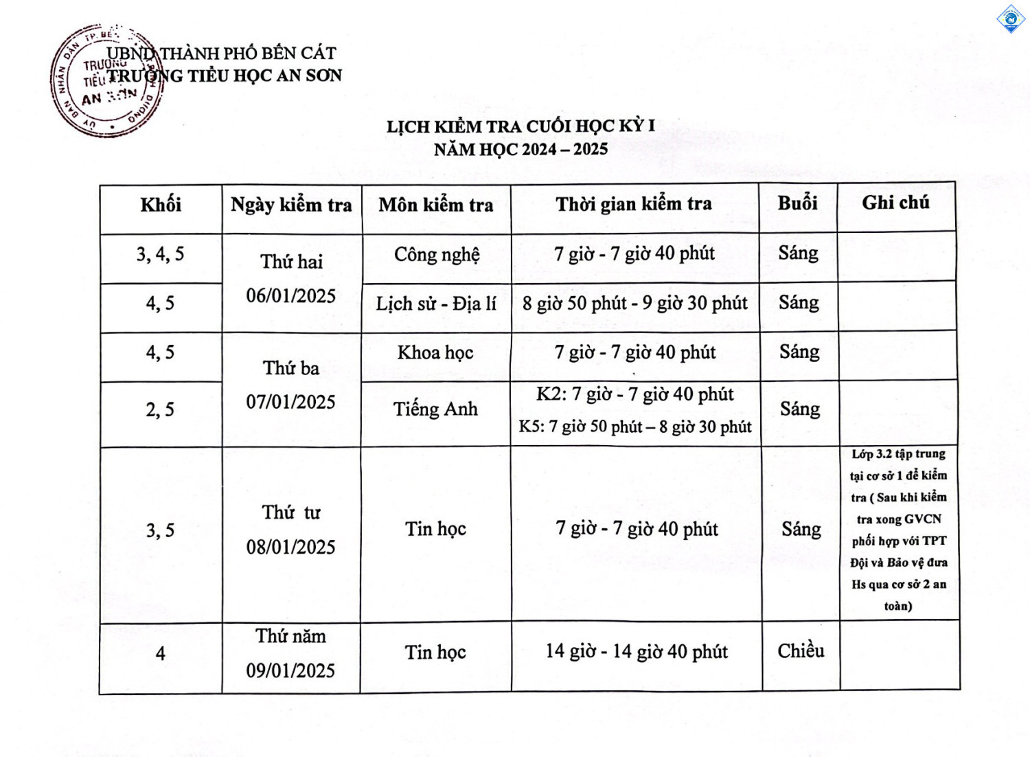 LỊCH KIỂM TRA CUỐI HỌC KỲ I NĂM HỌC 2024 2025