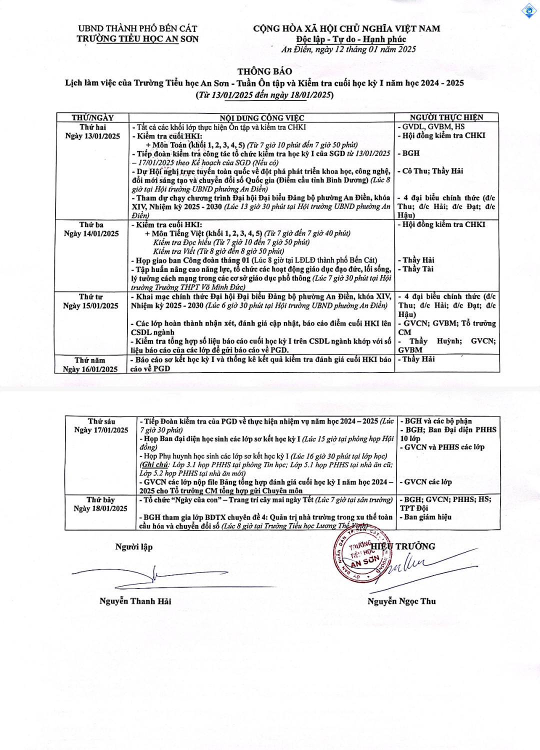 LỊCH LÀM VIỆC TUẦN THỨ HAI ÔN TẬP VÀ KIỂM TRA CUỐI HỌC KỲ I NĂM HỌC 2024 2025